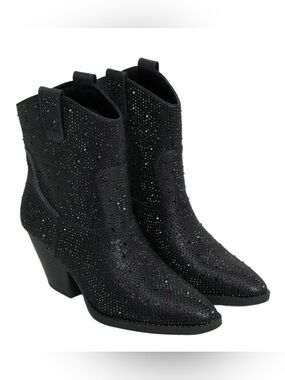 FOREVER LINK Black Rhinestone Cowboy Boots Pointed Toe Ankle Booties Size 9